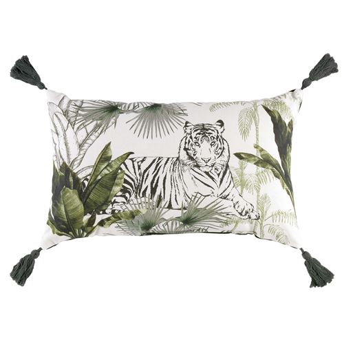 coussin pompons 30 x 50 cm coton imprime equatoria jungle