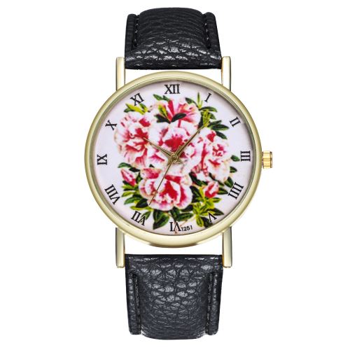 Rhododendron classique montre de fleur plante bracelet en cuir dames montre à quartz T251-Anoir
