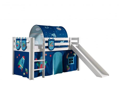 Lit Mi-Hauteur 90x200 avec Toboggan Sommier Inclus et Housse Astro Pino - Blanc