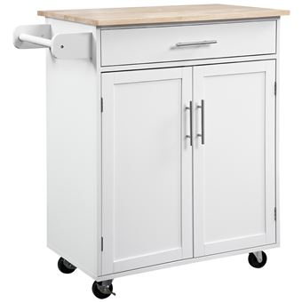 Desserte de cuisine - 2 portes, étagère, tiroir, porte-torchons - bois hévéa pin blanc - 1