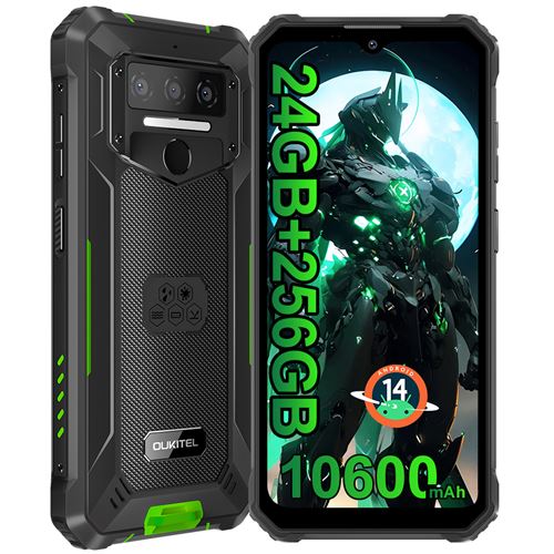 OUKITEL WP23 Plus Telephone Portable Android 14,24GO +512GO/TF 1TO,10600 mAh/15W,6.52 HD,13MP+5MP Smartphone,Empreinte digitale/Face ID//NFC-Vert
