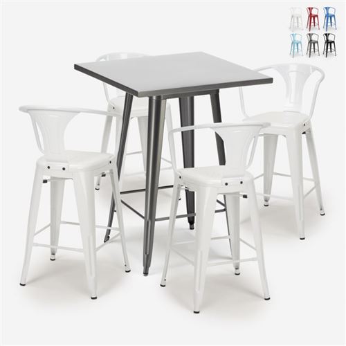Ensemble Bar Cuisine Table Haute Métal 60x60cm 4 Tabourets Tolix Bucket, Couleur: Blanc