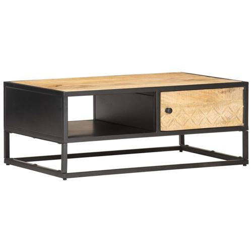 Table basse &agrave; porte sculpt&eacute;e 90x55x36 cm Bois de manguier brut