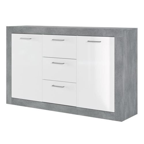 STONE Buffet 2 portes 3 tiroirs - Decor beton et blanc - L 147 x P 37 x H 89 cm