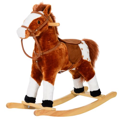 Cheval à bascule cheval de cowboy effet sonore selle rênes marron blanc