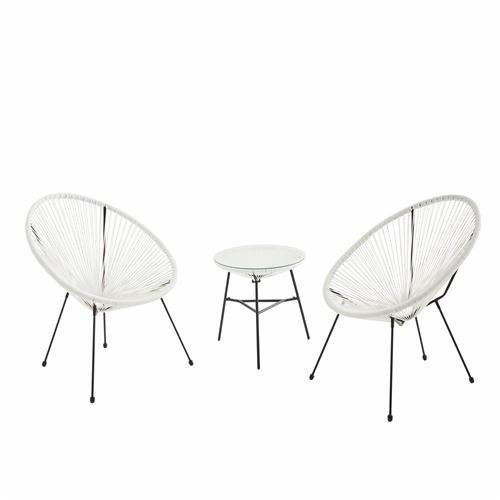Lot de 2 fauteuils ACAPULCO forme d'oeuf avec table d'appoint - Blanc - Fauteuils 4 pieds design rétro avec table basse cordage plastique intérieur / extérieur
