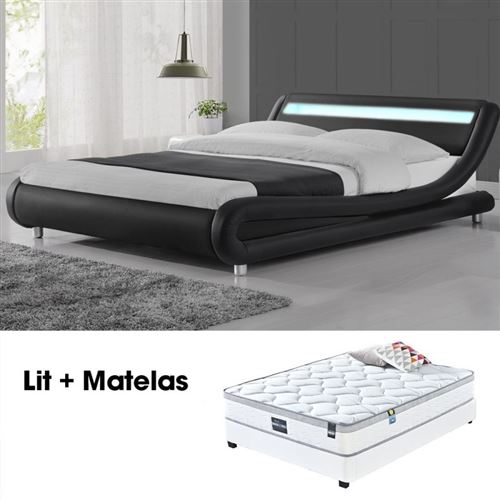 Lit led design Julio Noir 160cm avec Matelas Romance