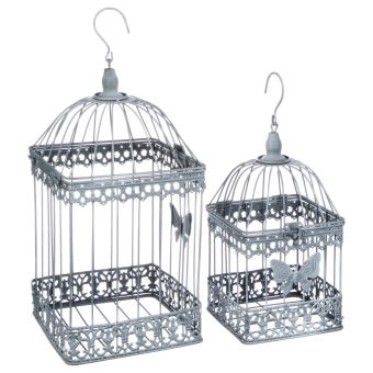Lot De 2 Cages à Oiseaux Décoratives Style Fer Forgé Gris Patiné