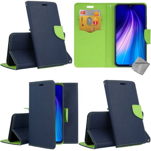 Housse portefeuille avec coque intérieure en silicone pour Xiaomi Redmi Note 8 Pro - verre trempe inclus - BLEU / VERT