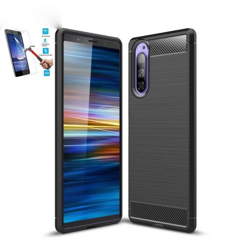 Coque Sony Xperia 5 Carbone Noir Avec Film Verre Trempé Housse Etui En Silicone Gel Souple hfs-house®