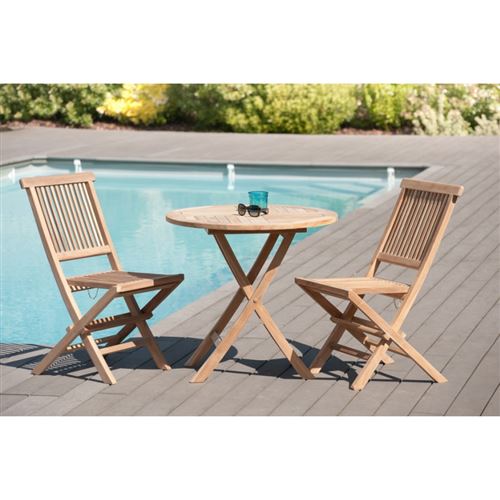 Salon de jardin en bois teck grade A, comprenant 1 table ronde pliante 80 cm et 1 lot de 2 chaises java