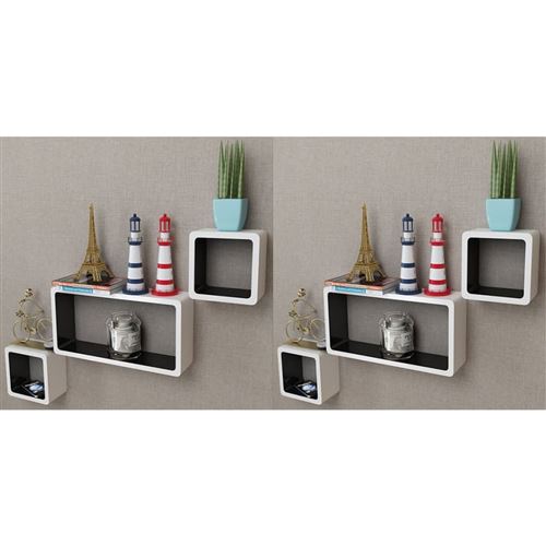 Étagères murales Forme de cube 6 pcs Blanc et noir