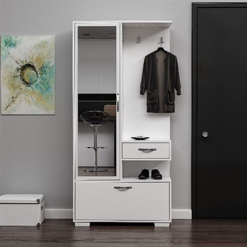 HOMEMANIA Vestiaire - Meuble d’Entree Alda Armoire - avec Étagères à Chaussures, Miroir, Portes, Tiroir, Étagères - Blanc en Bois, 90 x 35 x 184 cm