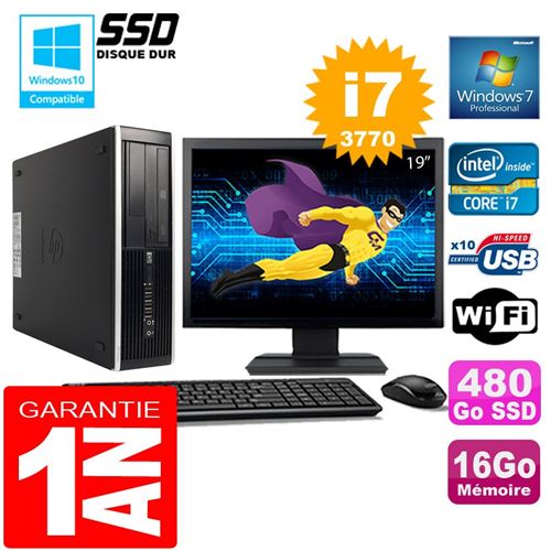 Pc hp compaq 8300 sff core i7-3770 ram 16go disque 480 go ssd wifi w7 ecran 19'