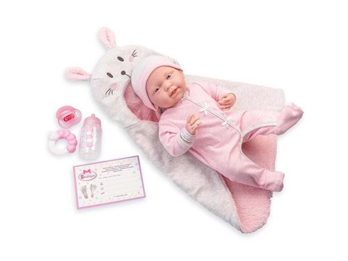 Berenguer - Pink Soft Body La Newborn dans Bunny Bunting et accessoires. Corps souple nouveau-né. Costume rose avec couverture. -