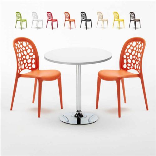 Table Ronde Blanche 70x70cm Avec 2 Chaises Colorées Set Intérieur Bar Café WEDDING LONG Island, Couleur: Orange