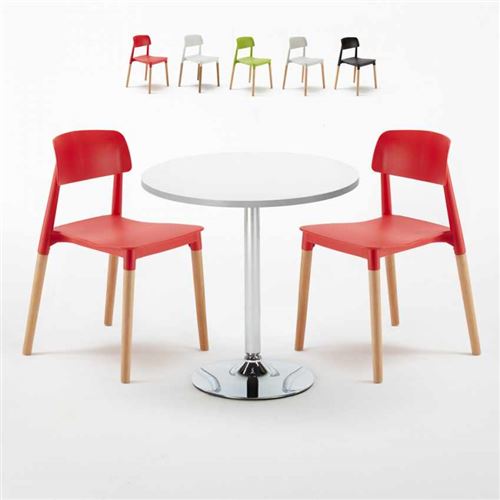Table Ronde Blanche 70x70cm Avec 2 Chaises Colorées Set Intérieur Bar Café Barcellona LONG Island, Couleur: Rouge