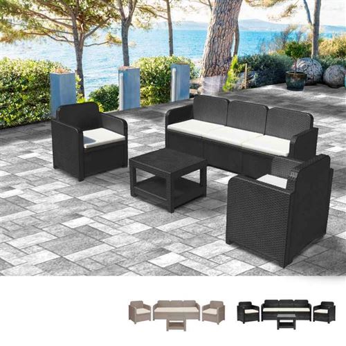 Grand Soleil - Salon de jardin Grand Soleil Positano en Poly-rotin Canapé table basse fauteuils 5 places pour extérieurs, Couleur: Noir