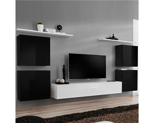 Meuble tv mural noir et blanc DONATELLO 2-L 320 x P 40 x H 150 cm- Noir