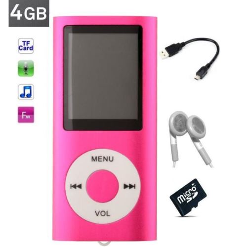 Lecteur MP3 MP4 - radio fm - à carte mémoire Micro sd - Rose + carte 4 Go