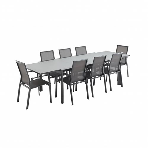 Sweeek Salon de jardin table extensible - Washington Gris foncé - Table en aluminium 200/300cm plateau en verre dépoli rallonge et 8 fauteuils en text