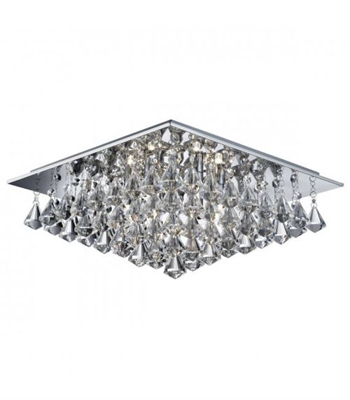 Plafonnier carré 6 ampoules Hanna, en chrome et pyramide cristal