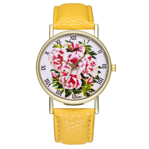 Rhododendron classique montre de fleur plante bracelet en cuir dames montre à quartz T251-Ajaune