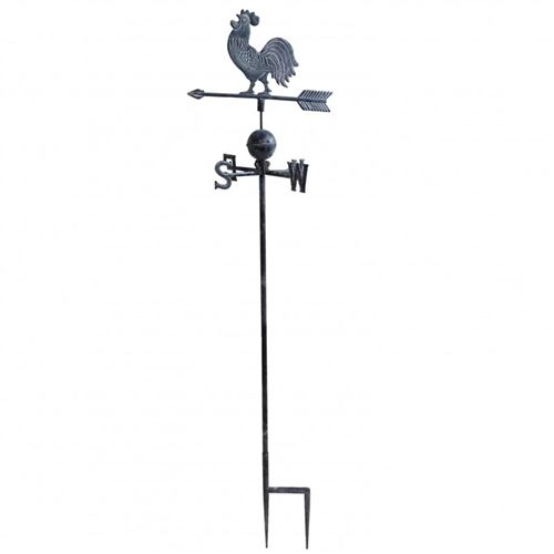 Girouette avec 4 Points Cardinaux Motif Coq 2 Pics en Fonte Patinée Grise 45x45x185cm