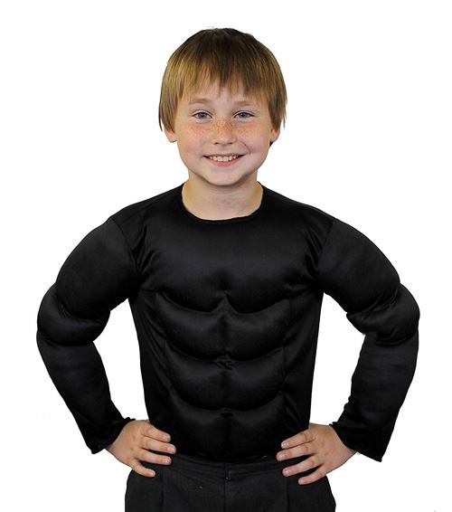 Déguisement d'homme fort ou de super héro avec ce torse musclé noir pour enfant. Idéal pour les enterrements de vie de garçon. ( Standard - 7/10ans )
