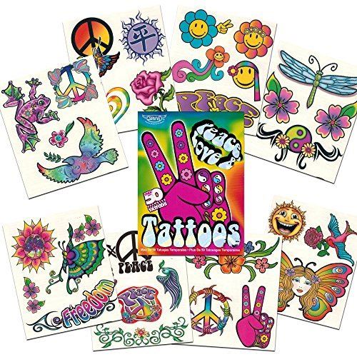 Ensemble de faveur et costume de soirée de tatouages ​​temporaires Hippie (50 tatouages ​​temporaires de Love and Peace Sign)