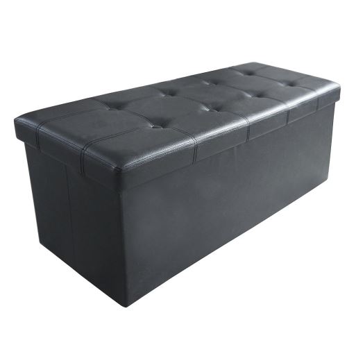 Todeco - Lederlook vouwbank, opvouwbare opslag Ottoman, Gestikte en getufte afwerking, 110 x 38 x 38 cm (43,3 x 15 x 15 inch), Wit, Maximale lading: 330 lbs