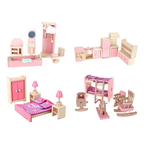 4 Set Dollhouse Furniture Kids Toy Bathroom Kid Room Bedroom Kitchen Set