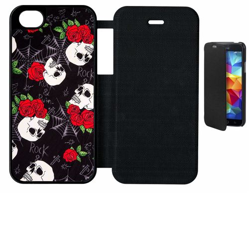 Etui À Rabat Flip Flap Apple Iphone 5 Se Tete De Mort Toile Rose Rock