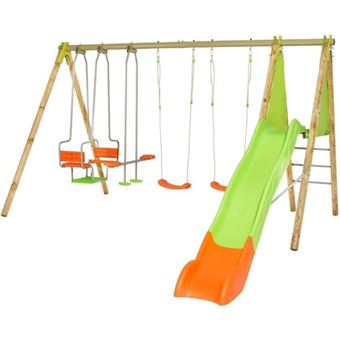 Portique Bois Et Métal - 2,30M - 2 Balançoires, 1 Face A Face, 1 Nacelle Et 1 Toboggan 2,63M - Kahuna Trigano - 1