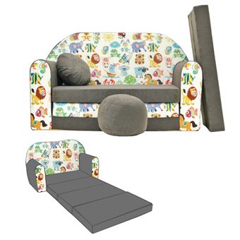 WELOX NINO Canapé convertible lit pour enfant avec pouf et coussin OEKO-TEX  Animaux gris - Fauteuil et pouf enfant - Achat & prix