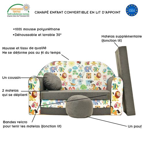 WELOX NINO Canapé convertible lit pour enfant avec pouf et coussin