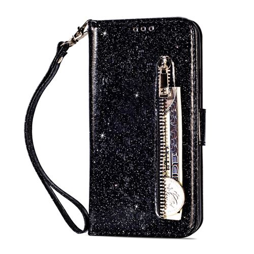 Coque en Cuir Pour Samsung Galaxy S22 Frusde Brillant Etui avec Dragonne et Porte Carte-Noir