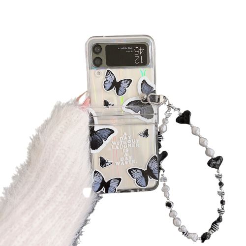 Coque pour Samsung Galaxy Z Flip 3 avec Lanière Frusde Transparent avec Imprimé Papillon