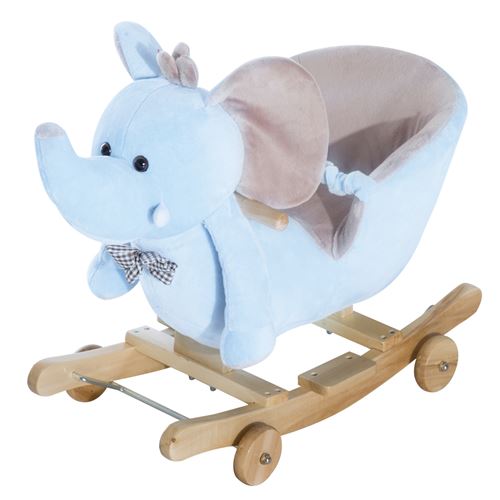 Cheval à Bascule jouet à bascule éléphant et porteur sur roulettes 2 en 1 fonction musicale 32 pistes ceinture sécurité bleu