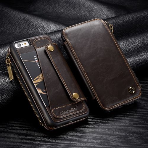 Etui en PU amovible 2-en-1 glissière d'affaires café pour votre Apple iPhone 6s/6