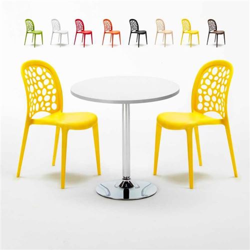Table Ronde Blanche 70x70cm Avec 2 Chaises Colorées Set Intérieur Bar Café WEDDING LONG Island, Couleur: Jaune