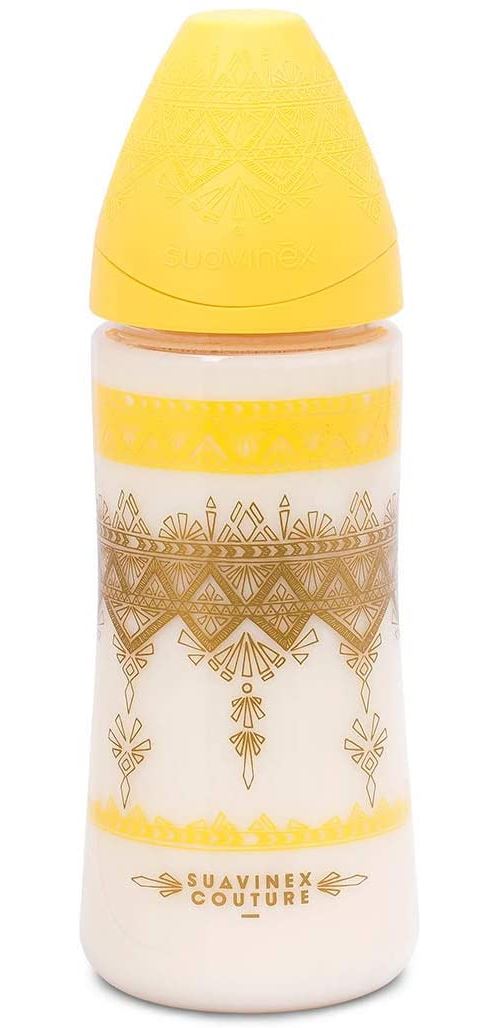 Biberon Premium Suavinex 360 ml Conception Ethnique en jaune et or, Tétine ronde de silicone flux dense, 4 Mois
