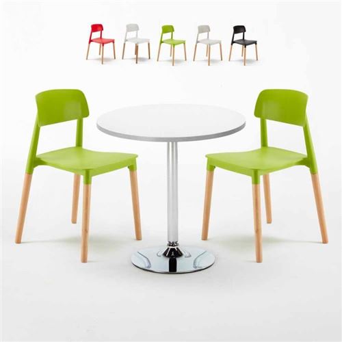 Table Ronde Blanche 70x70cm Avec 2 Chaises Colorées Set Intérieur Bar Café Barcellona LONG Island, Couleur: Vert