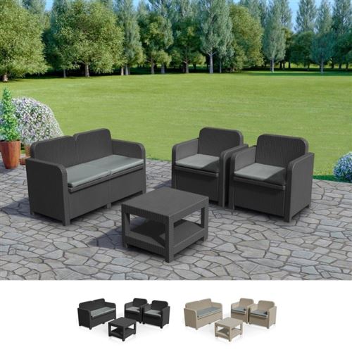 Grand Soleil - Salon de jardin Grand Soleil Sorrento en Poly rotin table basse fauteuils pour exterieur 4 places, Couleur: Noir