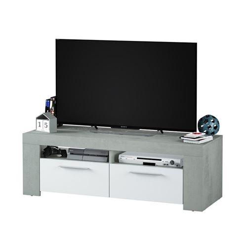 Meuble TV coloris Blanc Artik / Ciment en melamine - Dim : 40 x 120 x 42 cm -PEGANE-