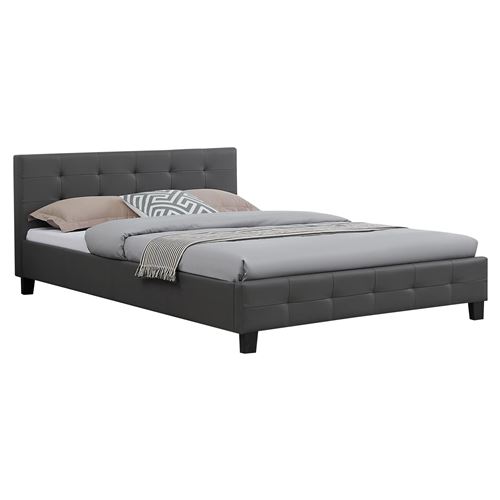 Lit double MATHIEU, 140 x 190 cm, capitonn&eacute; avec sommier, rev&ecirc;tement synth&eacute;tique gris