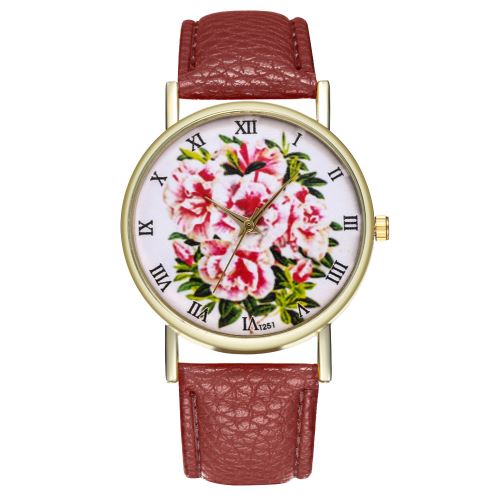 Rhododendron classique montre de fleur plante bracelet en cuir dames montre à quartz T251-Acafé