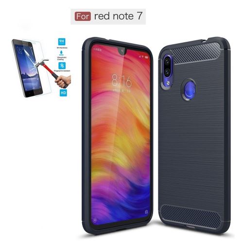 Xiaomi Redmi Note 7 Carbone Bleu Avec Film Verre Trempé Coque Housse Etui En Silicone Gel Souple hfs-house®