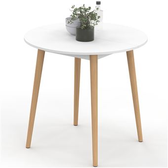Table à manger fixe ronde ANGELA 4 personnes blanc pieds bois 80 cm - 1
