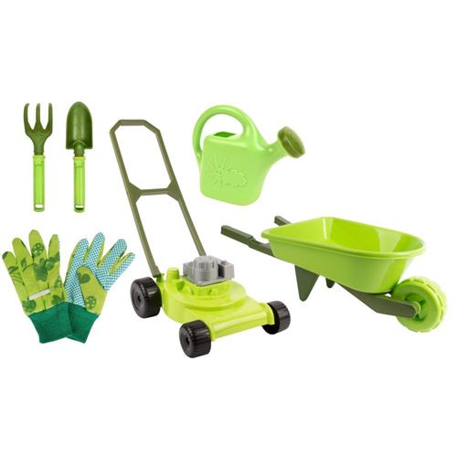 Kids In The Garden - Kit petit jardinier accessoires pour enfant en plastique Gants + petits outils + arrosoir + tondeuse + brouette